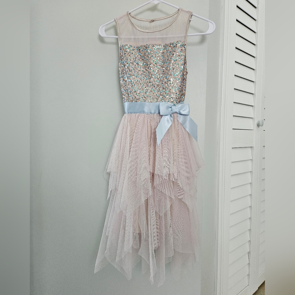 Zunie | Sequin & Tulle Girls Dress With Light Blue Bow